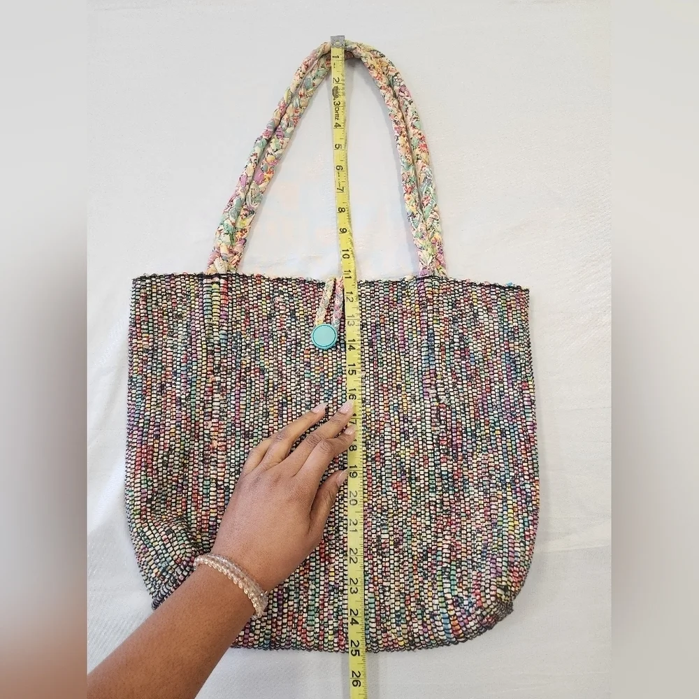 Gina Levesque Womens Multicolor Hand-Woven Fabric Tote Bag Braided Fabric Straps